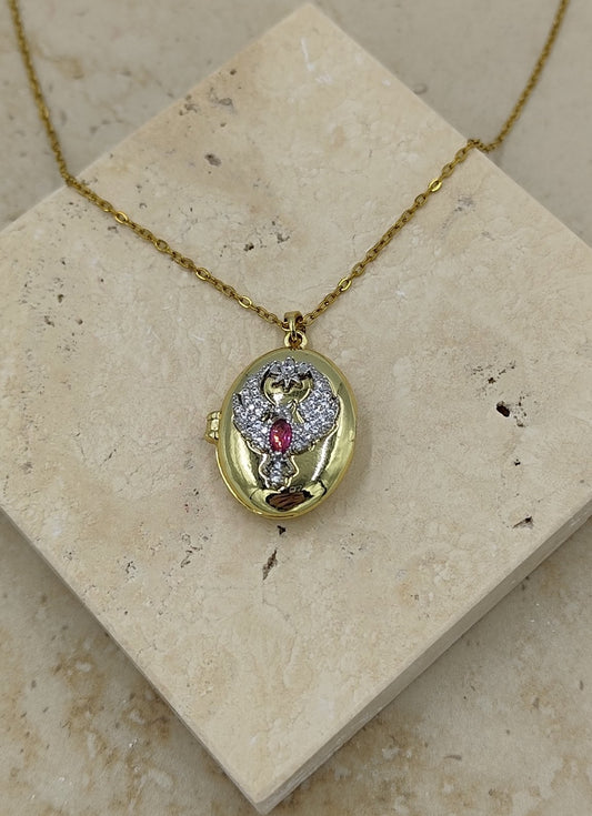 Pembe Taşlı Kuş Figürlü Açılabilir Çelik Kolye Gold