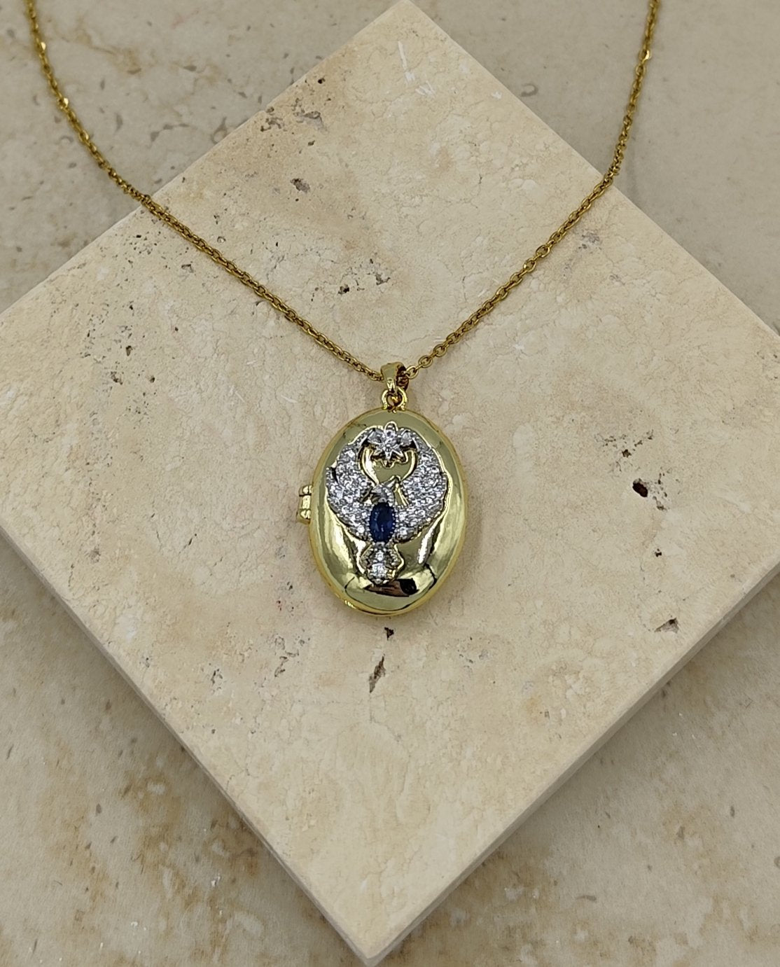 Mavi Taşlı Kuş Figürlü Açılabilir Çelik Kolye Gold