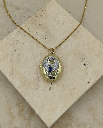 Mavi Taşlı Kuş Figürlü Açılabilir Çelik Kolye Gold
