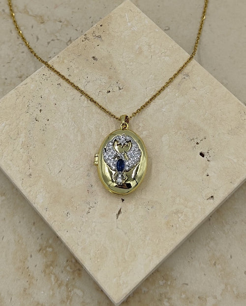 Mavi Taşlı Kuş Figürlü Açılabilir Çelik Kolye Gold
