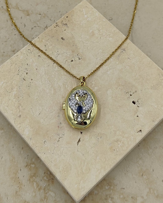 Mavi Taşlı Kuş Figürlü Açılabilir Çelik Kolye Gold