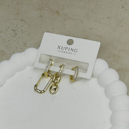 14 K Taş Detaylı Geometrik 3'lü Küpe