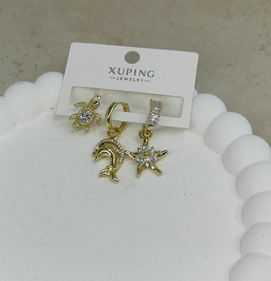 14 K Taş Detaylı 3'lü Küpe