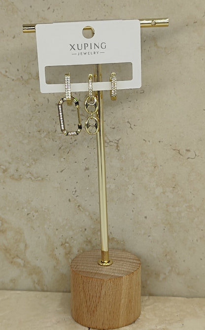 14 K Taş Detaylı Geometrik 3'lü Küpe