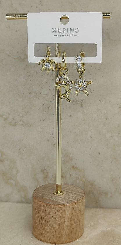 14 K Taş Detaylı 3'lü Küpe