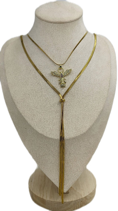 Kuş Figürlü 2'li Y Kolye Gold