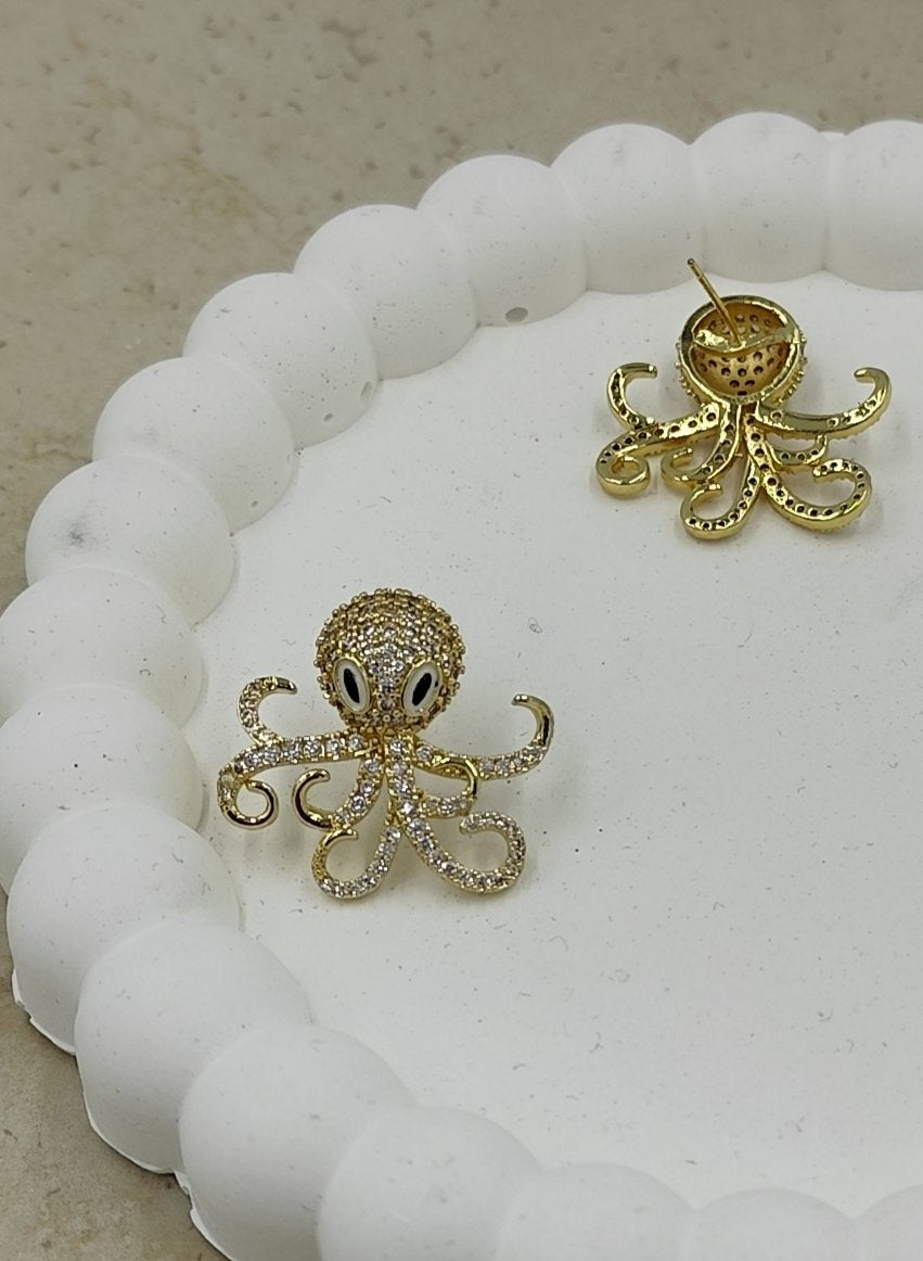 Taş Detaylı Ahtapot Küpe Gold