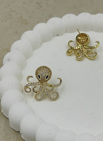 Taş Detaylı Ahtapot Küpe Gold