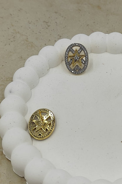 Taş Detaylı Yıldız Figürlü Elips Küpe Gold