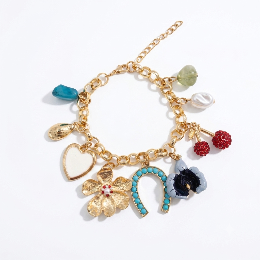 Farklı Charm Detaylı Gold Bileklik