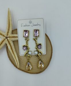 Pembe Taşlı Gül Figürlü Gold Küpe