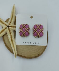 Pembe ve Gold Detaylı Kare Küpe