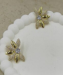 Taş Detaylı Çiçek Küpe Gold