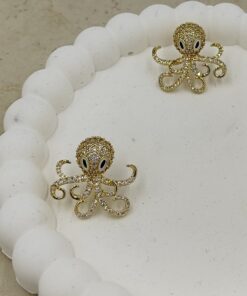 Taş Detaylı Ahtapot Küpe Gold