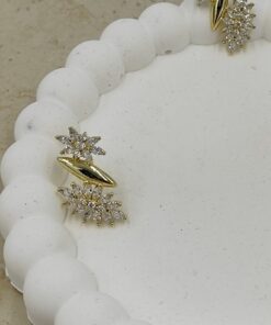 Taş Detaylı Çiçek Küpe Gold