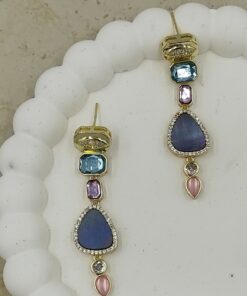 Renkli Taşlı Sallantılı Küpe Gold