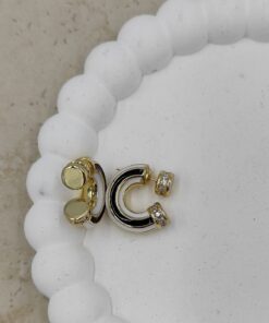 Alternative view of Siyah ve Beyaz Renkte Taş Detaylı Gold Küçük Halka Küpe