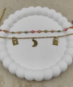 Alternative view of Renkli Nazar Boncuklu, Ay ve Kilit Detaylı Çelik Halhal