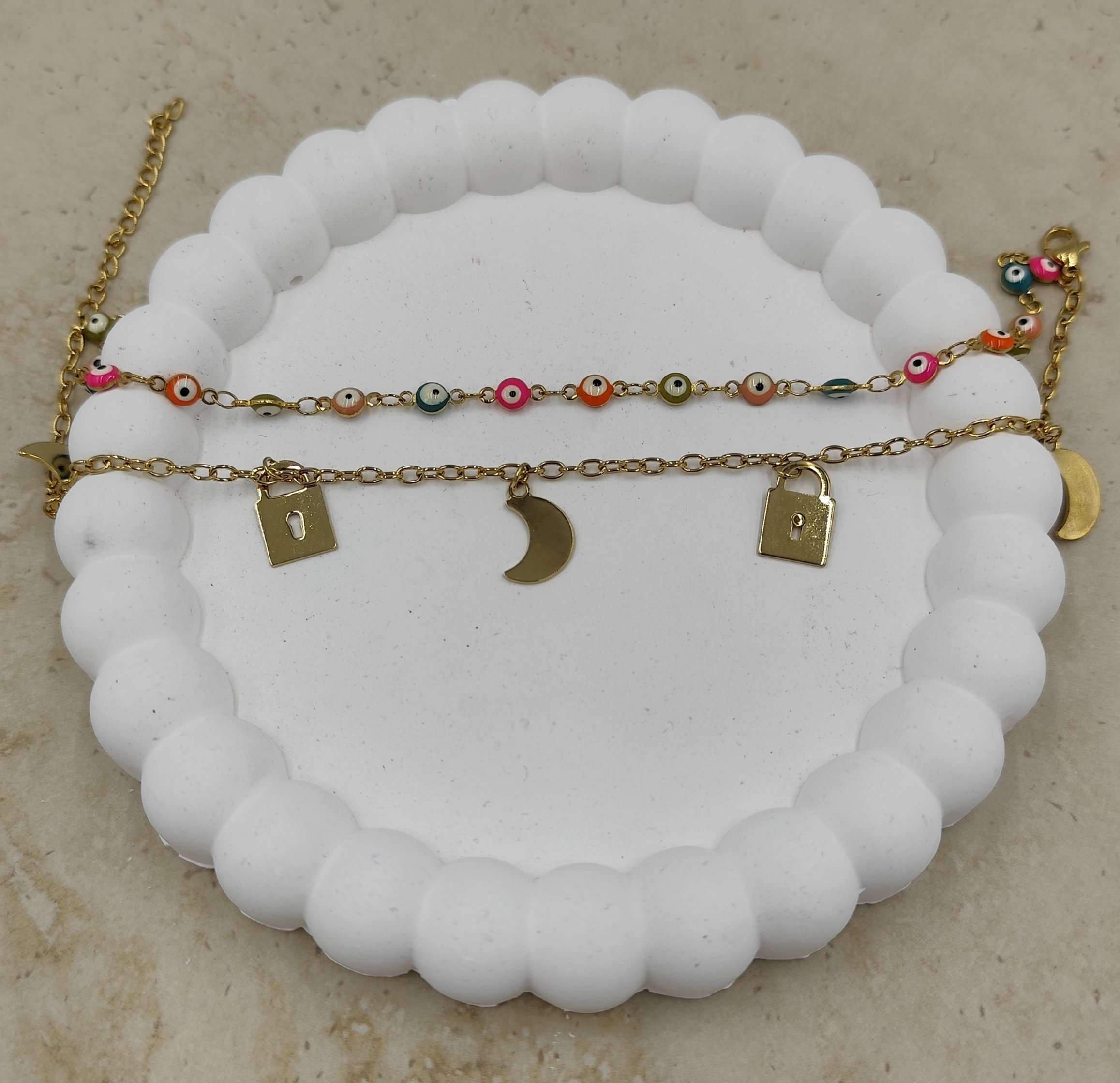 Renkli Nazar Boncuklu, Ay ve Kilit Detaylı Çelik Halhal - Görsel 2