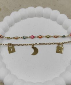 Renkli Nazar Boncuklu, Ay ve Kilit Detaylı Çelik Halhal